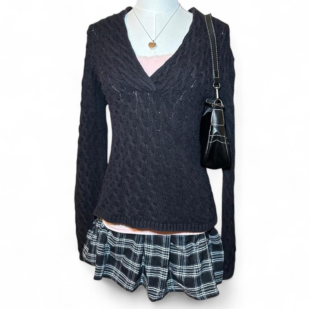 Talbots Cozy Black V-Neck Cable Knit Sweater